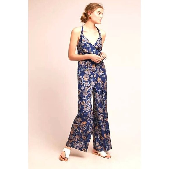 Anthropologie Pants - ett:twa Anthropologie Womens Paisley Jumpsuit S Navy Blue Floral Wide Leg